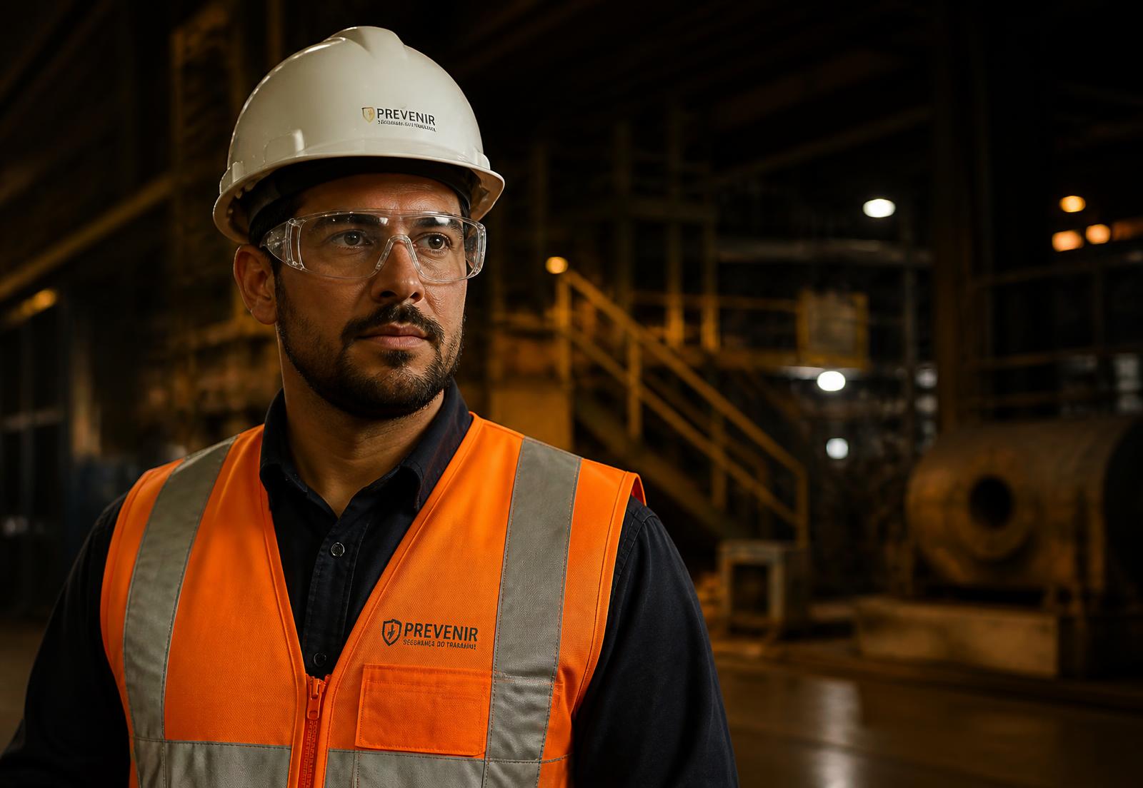 Técnico de segurança do trabalho com capacete e colete refletivo em ambiente industrial